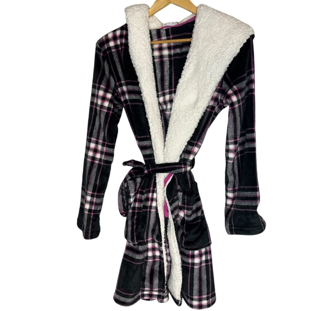 Jenni Intimates Womens XS/S Black Pink Plaid‎ Sherpa Hooded Fleece Robe NEW